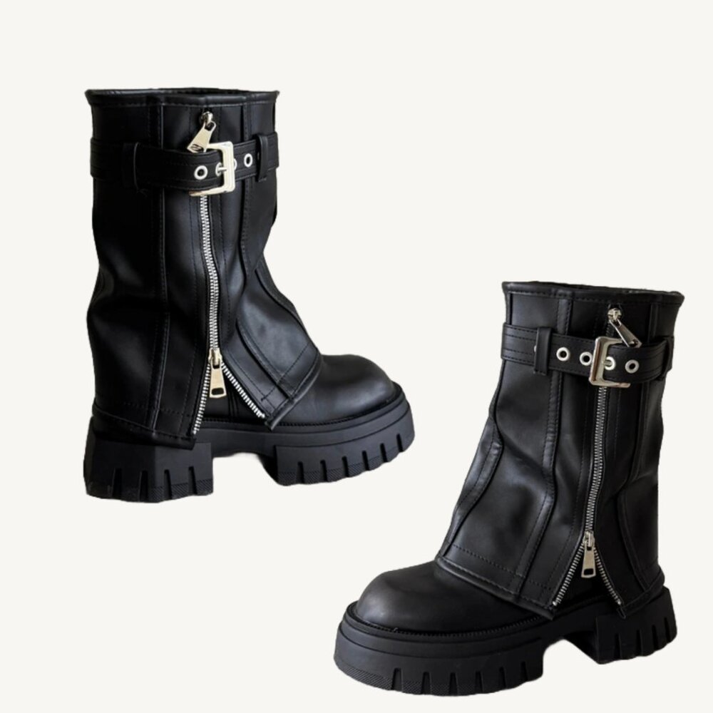 [SOLD]Asyllum Black Belted Platform Fold Over Chunky Boots Size US 9 EU 40